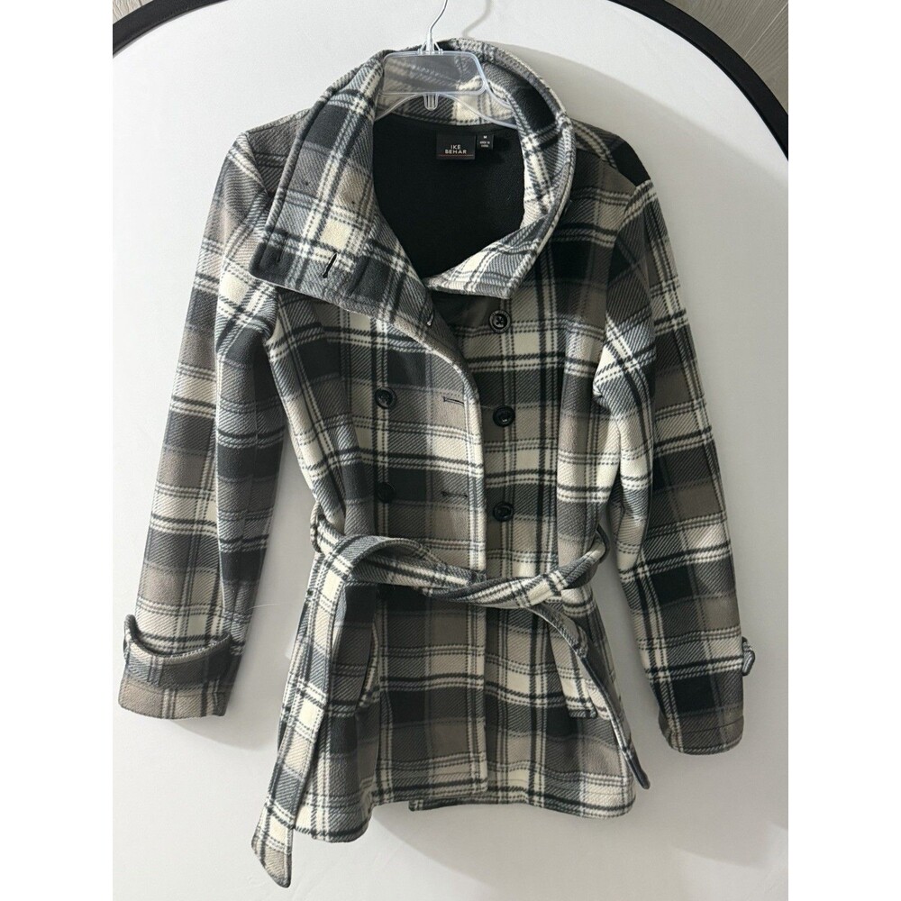 Ike Behar Women Fleece Belted Jacket L Grey Plaid Double Breasted Dark Academia